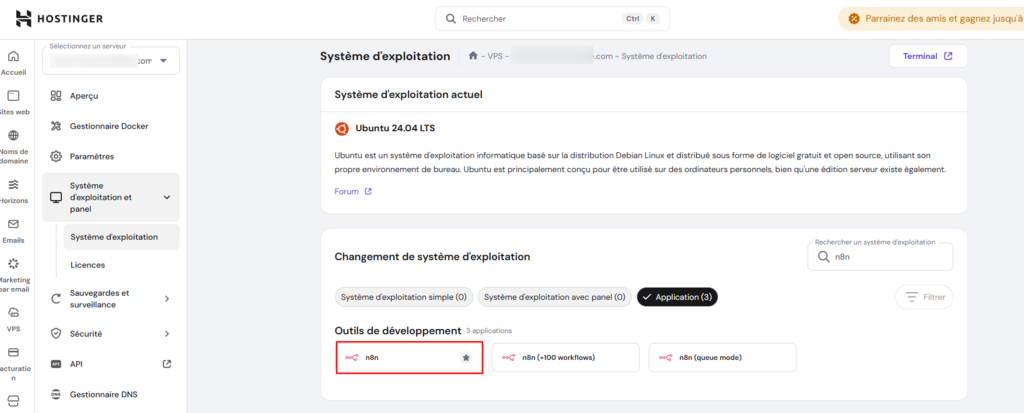 S&eacute;lection d'Ubuntu avec le syst&egrave;me d'exploitation n8n dans hPanel.