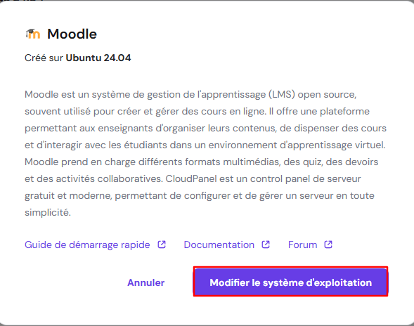 Section Modifier le syst&egrave;me d'exploitation sur hpanel