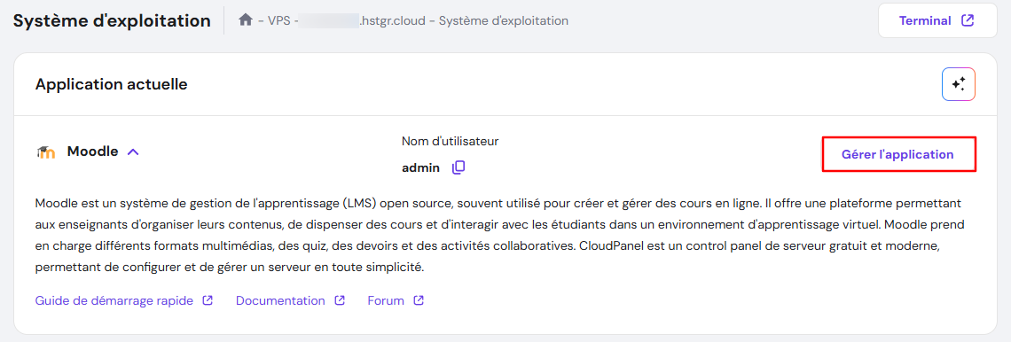Bouton G&eacute;rer l'application pour acc&eacute;der &agrave; Moodle sur hPanel