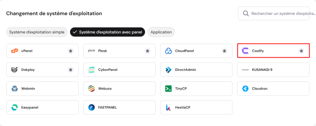 Le mod&egrave;le Coolify dans le VPS de hPanel
