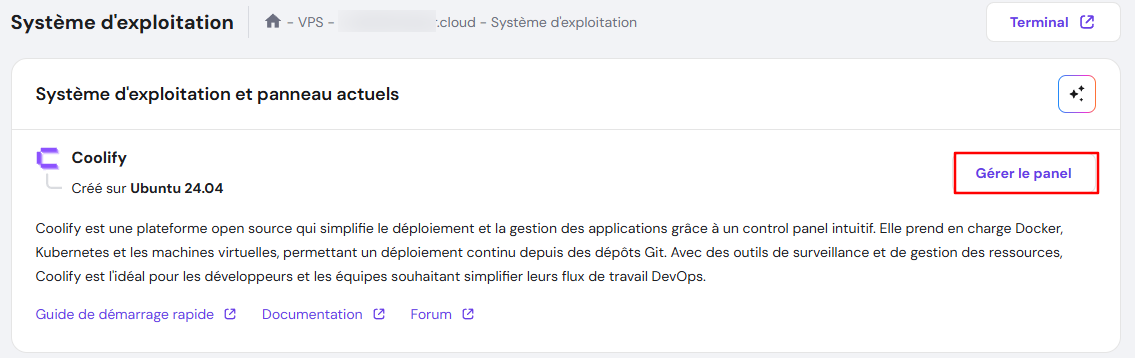 Le bouton G&eacute;rer le panel pour Coolify dans le VPS de hPanel
