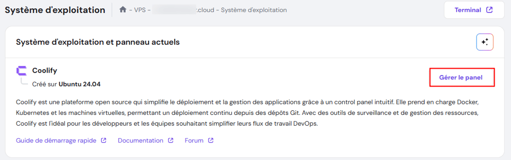 Le bouton Gérer le panel pour Coolify dans le VPS de hPanel