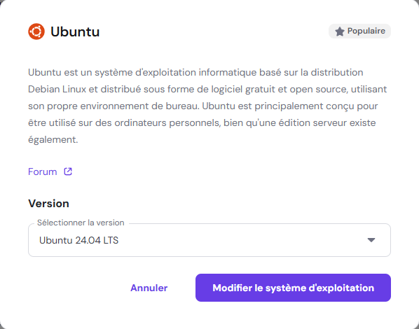 Image affichant hpanel avec l'assistant de configuration Ubuntu ouvert