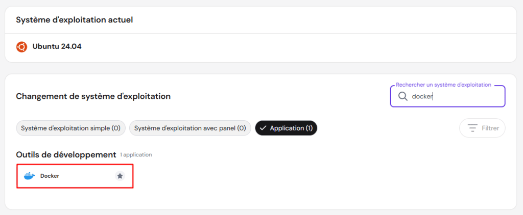 Le template Docker dans la section Changer de syst&egrave;me d'exploitation de hPanel