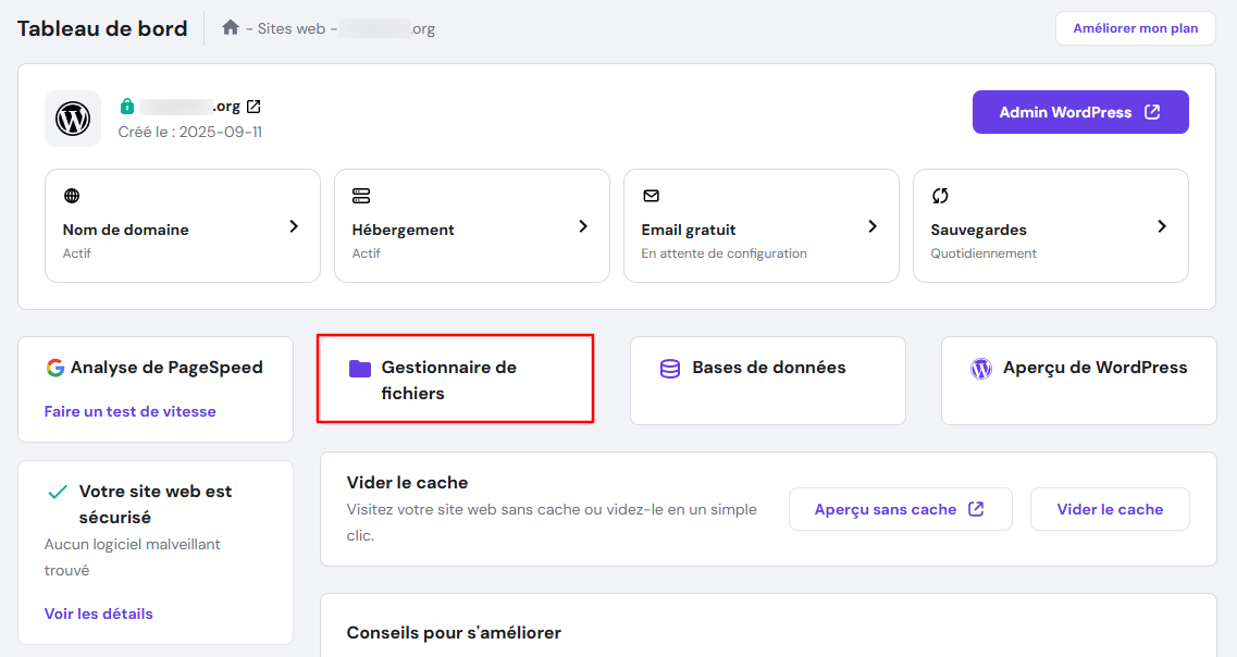 Le tableau de bord d'h&eacute;bergement de hPanel, mettant en &eacute;vidence l'option Gestionnaire de fichiers