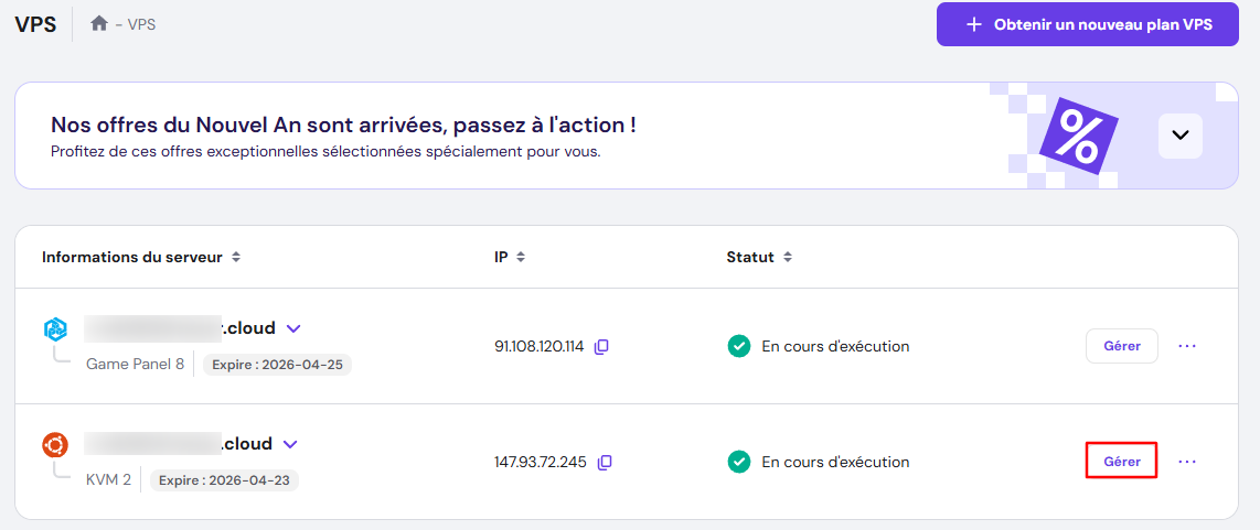 Le bouton G&eacute;rer dans hPanel