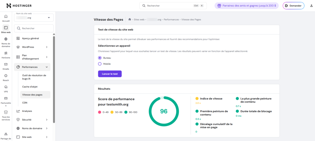 Capture d'écran de l'outil de vitesse de page intégré dans Hostinger hPanel