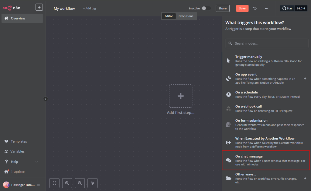 Ajout d'un nouveau n&oelig;ud de d&eacute;clenchement de message de chat.