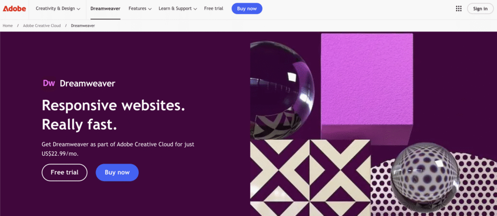 La page produit Adobe Dreamweaver CC