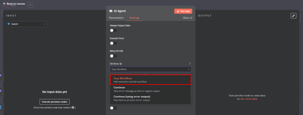 Configuration du n&oelig;ud pour s'arr&ecirc;ter en cas d'erreur.