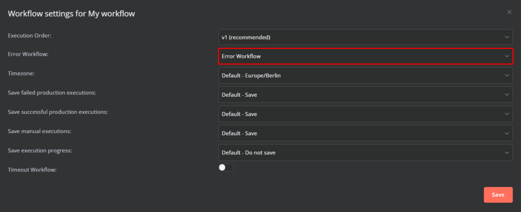 D&eacute;finition du workflow d'erreur &agrave; d&eacute;clencher en cas d'erreur.