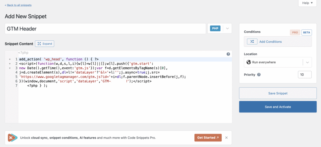Ajout d'un nouveau script Google Tag Manager à l'aide du plugin Code Snippet