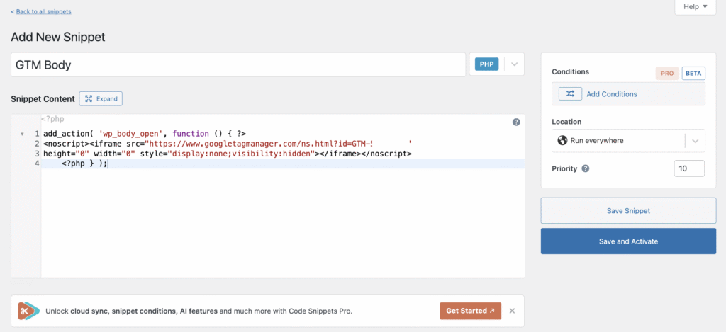 Ajout d'un nouveau noscript Google Tag Manager à l'aide du plugin Code Snippet