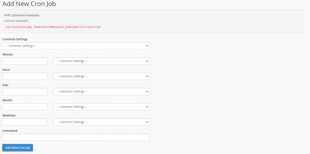 L'écran Ajouter un nouveau Cron Job sur cPanel