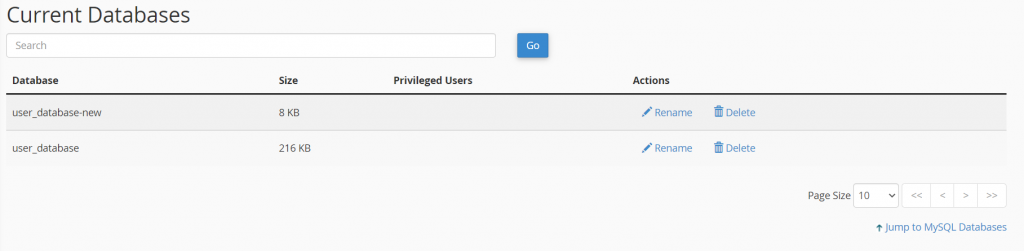 L'écran Bases de données actuelles dans le cPanel