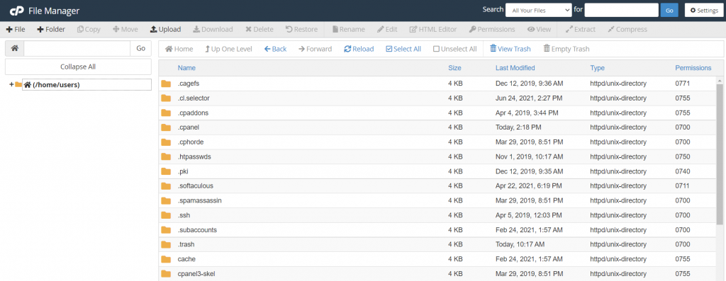 Le gestionnaire de fichiers sur cPanel