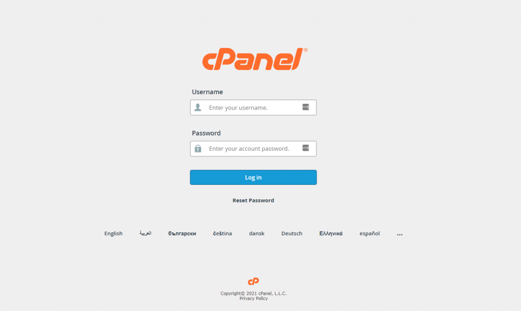 La page de connexion de cPanel