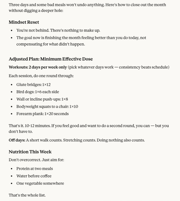 Claude AI ajuste un programme d'entraînement après une semaine manquée en raison du stress et d'un emploi du temps chargé.