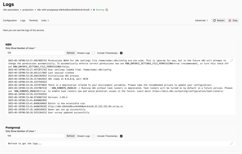 L'onglet Logs de la page de configuration de Coolify
