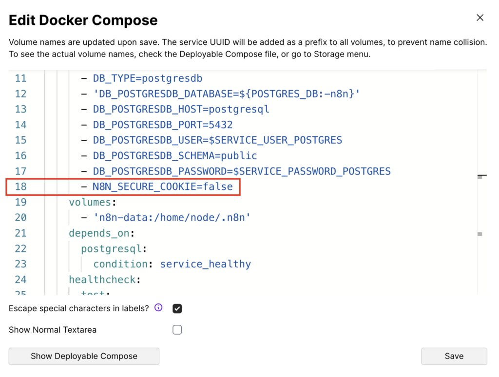 La ligne - N8N_SECURE_COOKIE=false dans le fichier Docker Compose