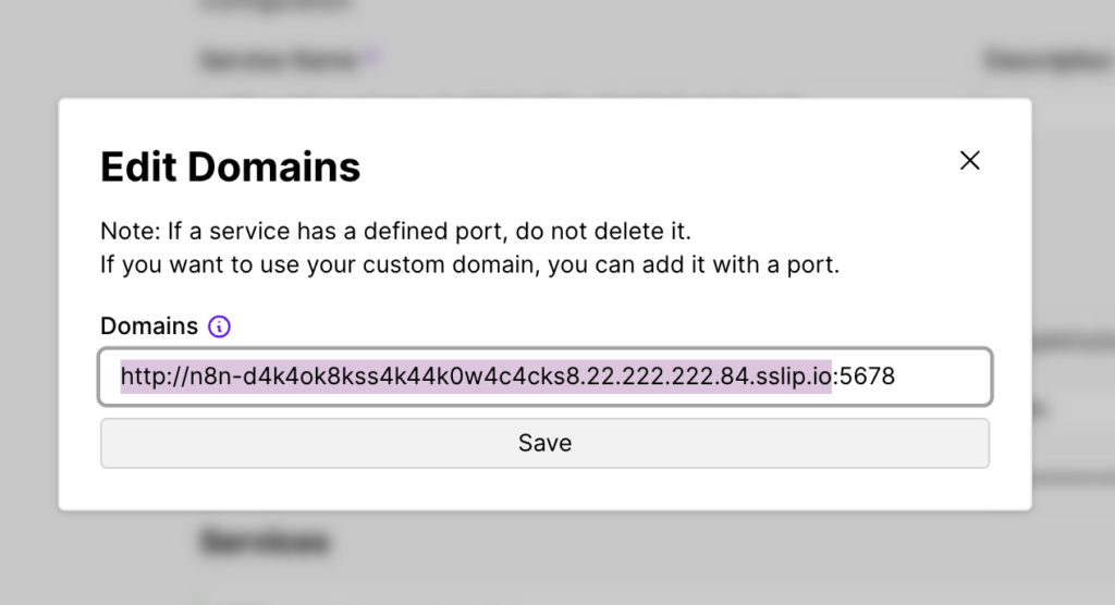 Le domaine généré pour accéder à n8n dans Coolify