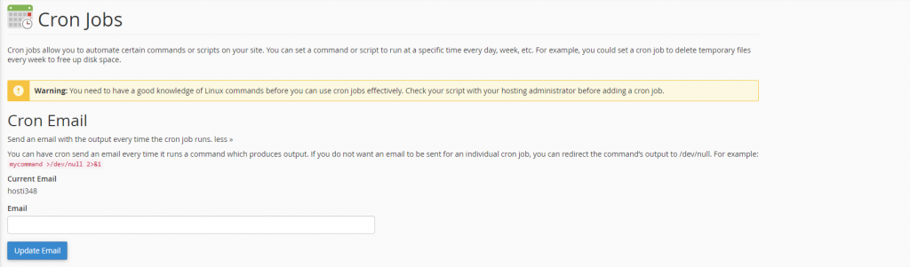 L'écran Cron Email sur cPanel