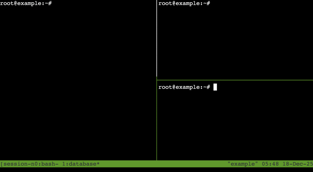 fenêtre tmux divisée en plusieurs volets dans un terminal