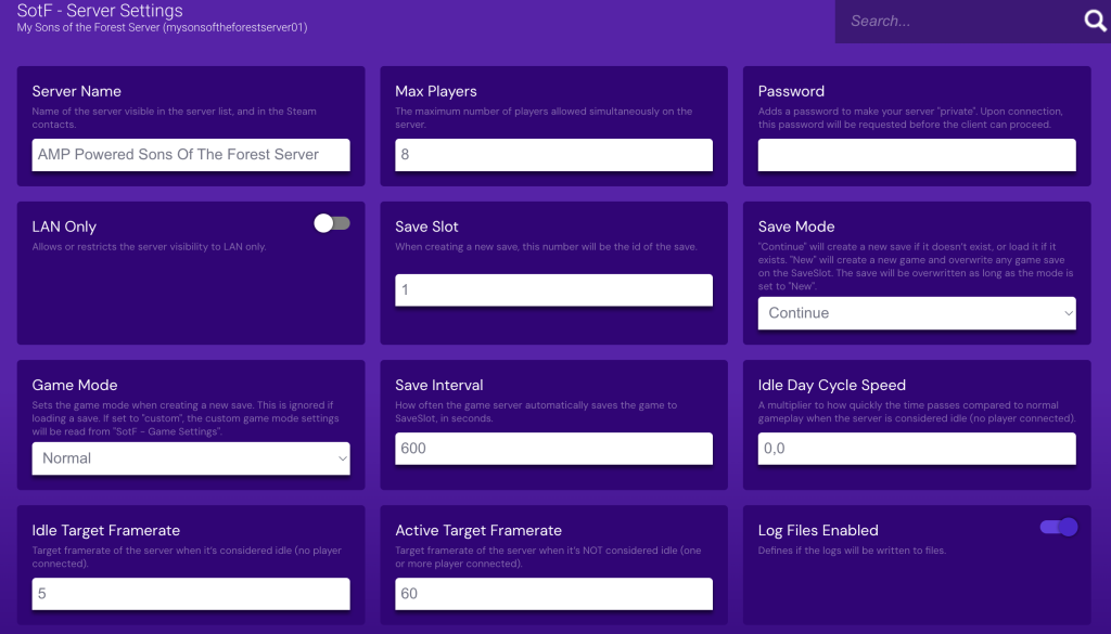 Param&egrave;tres du serveur Sons of the Forest du Game Panel