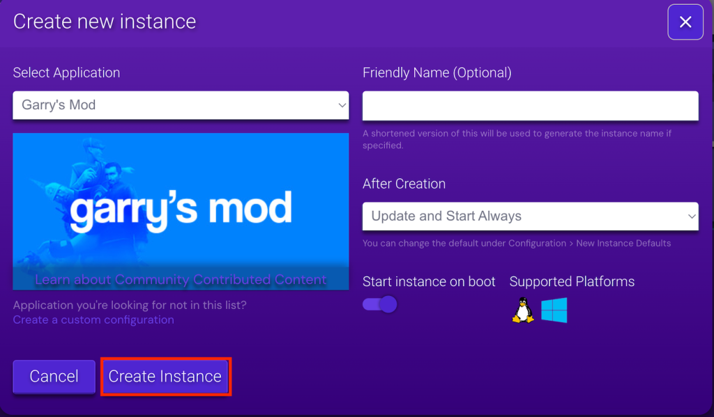 Écran de création d'instances GMod dans le Game panel