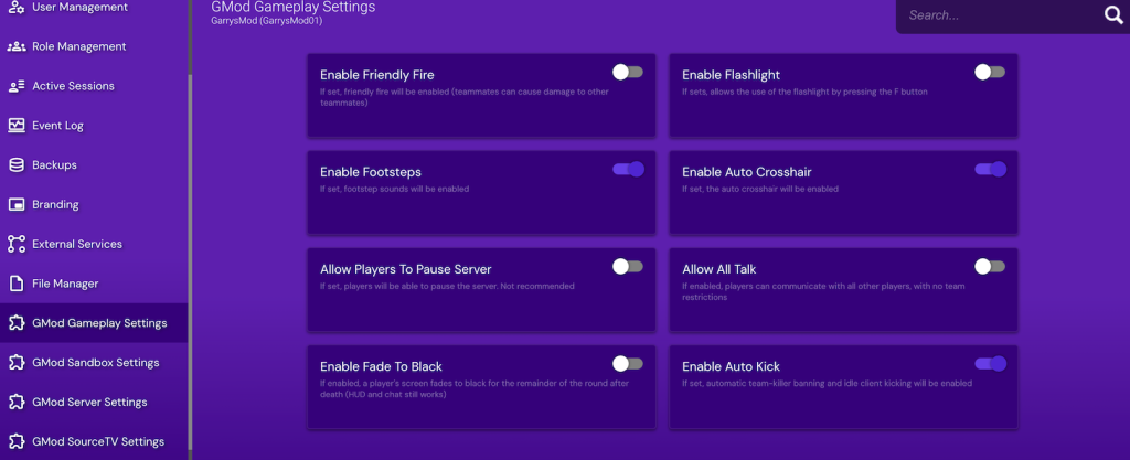 Paramètres GMod dans le Game Panel Hostinger