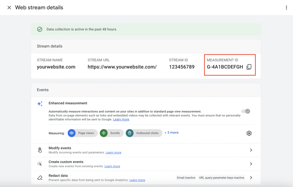 ID de mesure de Google Analytics sur la page de détails du flux Web