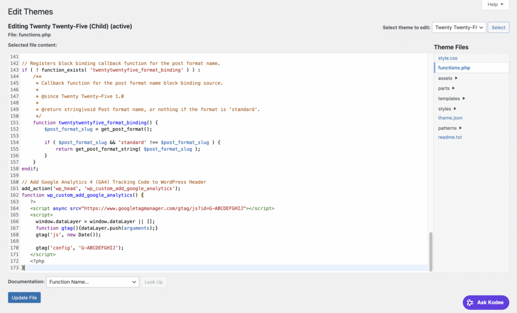 Le script Google Analytics dans un fichier WordPress functions.php