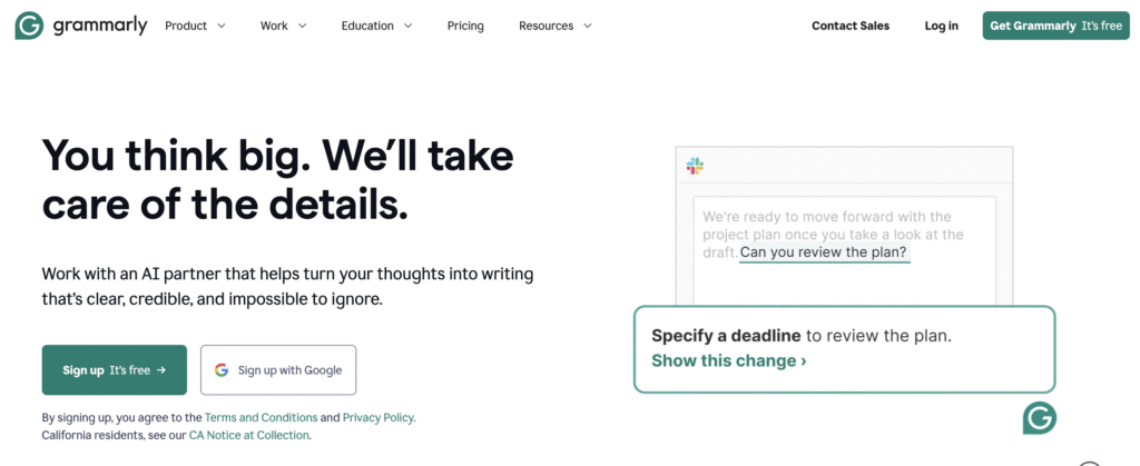 Page d'accueil de Grammarly