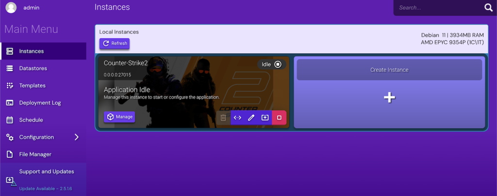 Interface utilisateur du Game Panel Hostinger