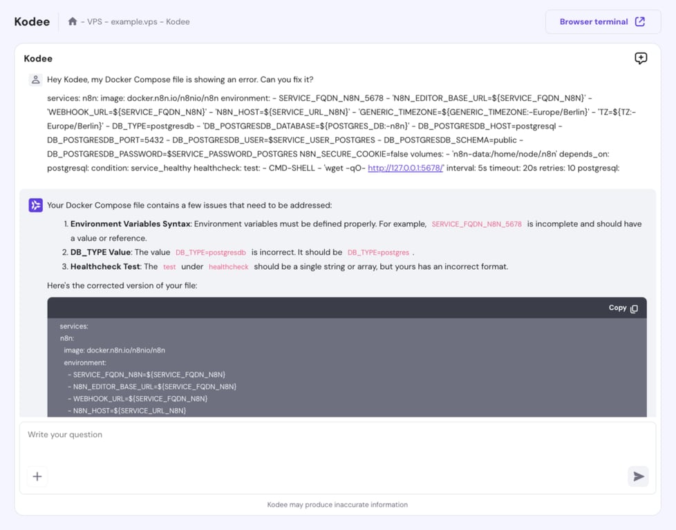 Kodee r&eacute;pond &agrave; une question dans hPanel's VPS
