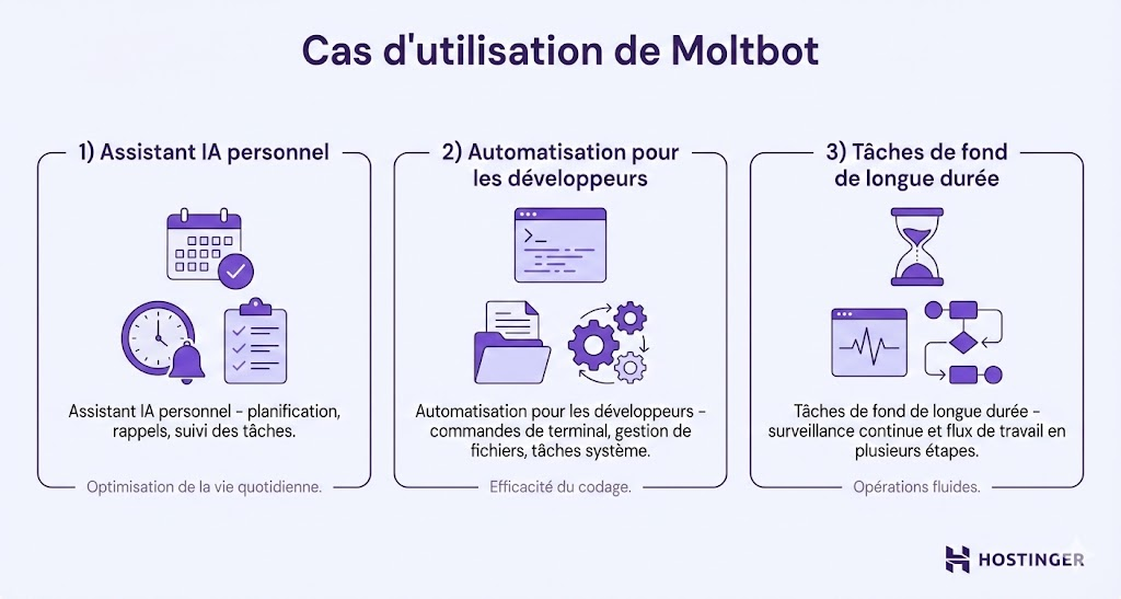 Illustration des cas d'utilisation de Moltbot