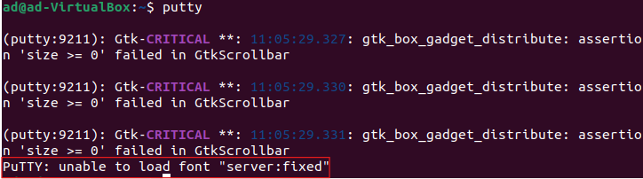 Terminal Linux lan&ccedil;ant Putty et affichant l'erreur 