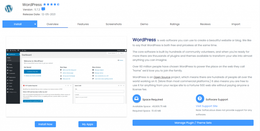 La page d'installation de WordPress sur cPanel via Softaculous Apps Installer