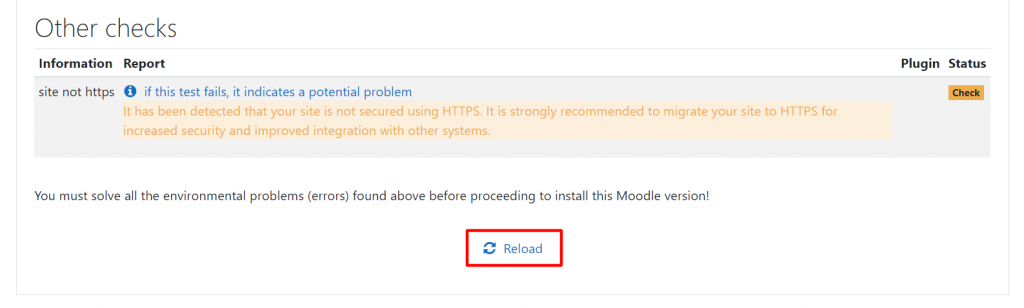Retourner &agrave; la page d'installation de Moodle et cliquer sur le bouton Recharger