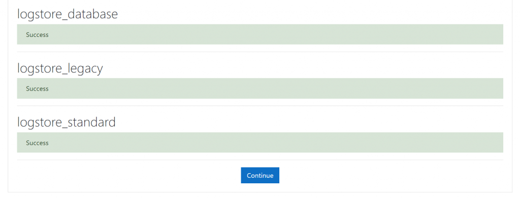 Cliquer sur continuer apr&egrave;s l'installation r&eacute;ussie de Moodle