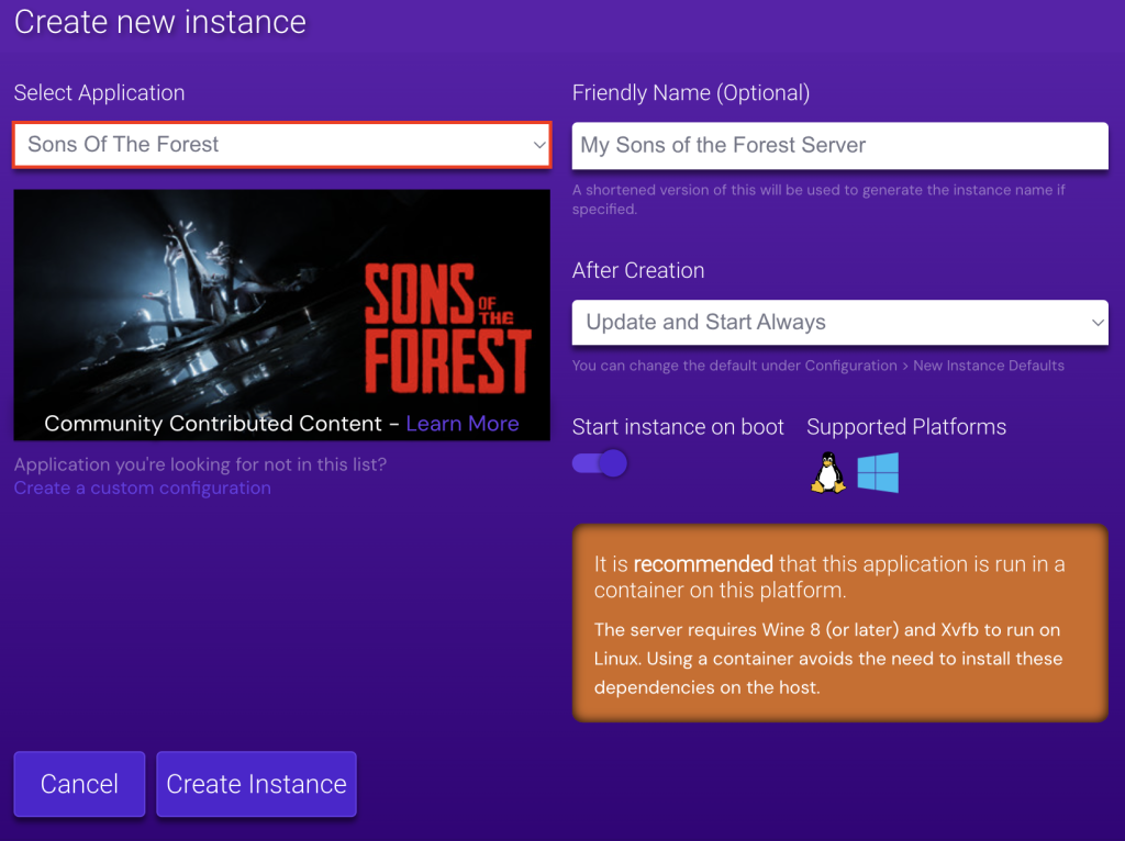L'instance Sons of the Forest sur le Game Panel