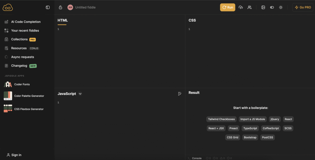 L'interface utilisateur de JSFiddle