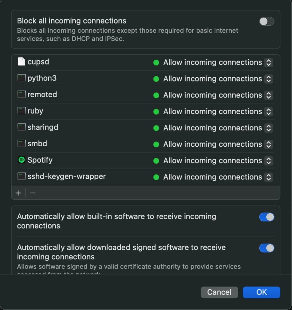 Le menu de configuration des r&egrave;gles de pare-feu dans macOS