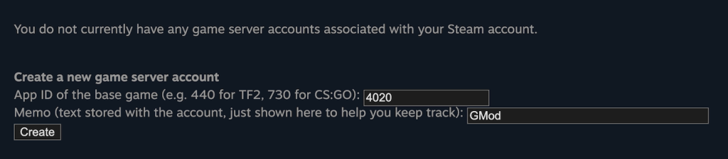 Menu de création de jetons pour le serveur de jeu Steam