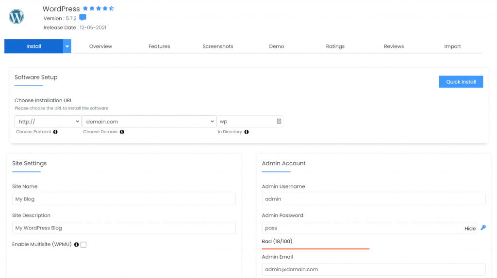 Les écrans de configuration du logiciel et des paramètres du site lors de l'installation de WordPress