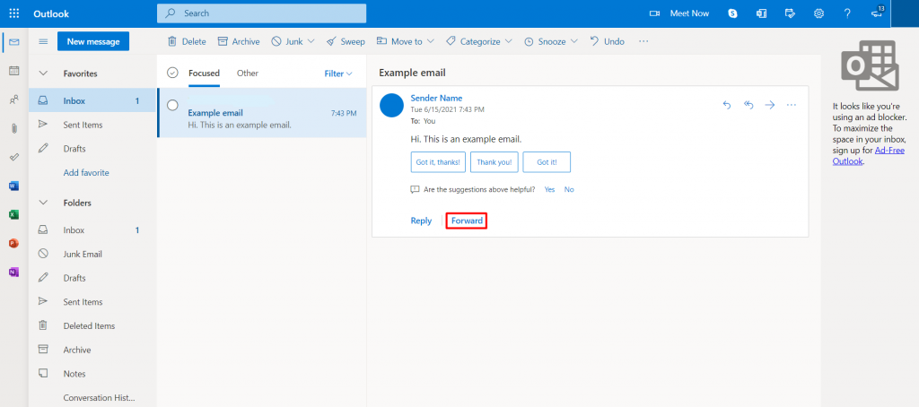 Transfert d'un message électronique sur Outlook.