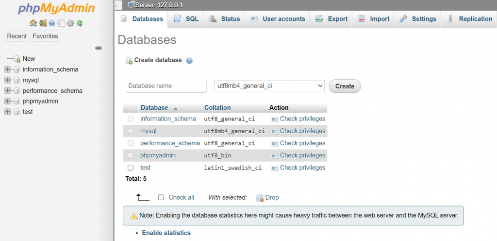 Section bases de donn&eacute;es de phpMyAdmin