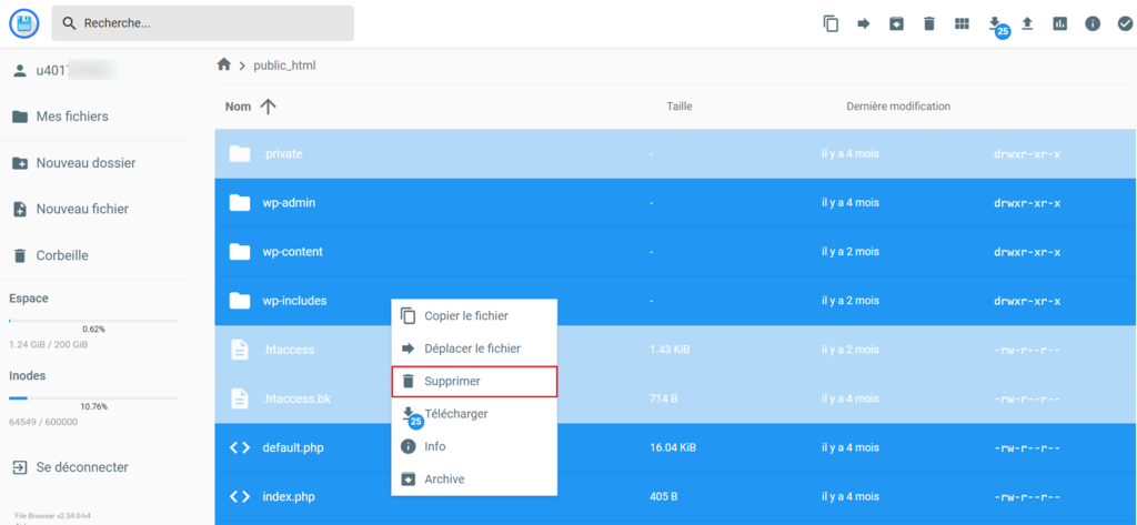 Supprimer des fichiers wordpress à l'aide du gestionnaire de fichiers