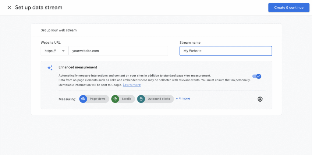 La page de configuration du flux de données sur Google Analytics 4