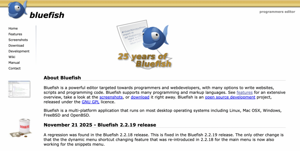 Le site web de l'&eacute;diteur HTML Bluefish